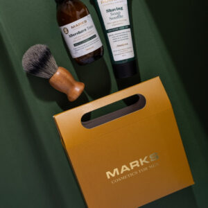 Kit de Regalo para Afeitado (Tonico, Espuma y Brocha) de la Linea Marks en su caja